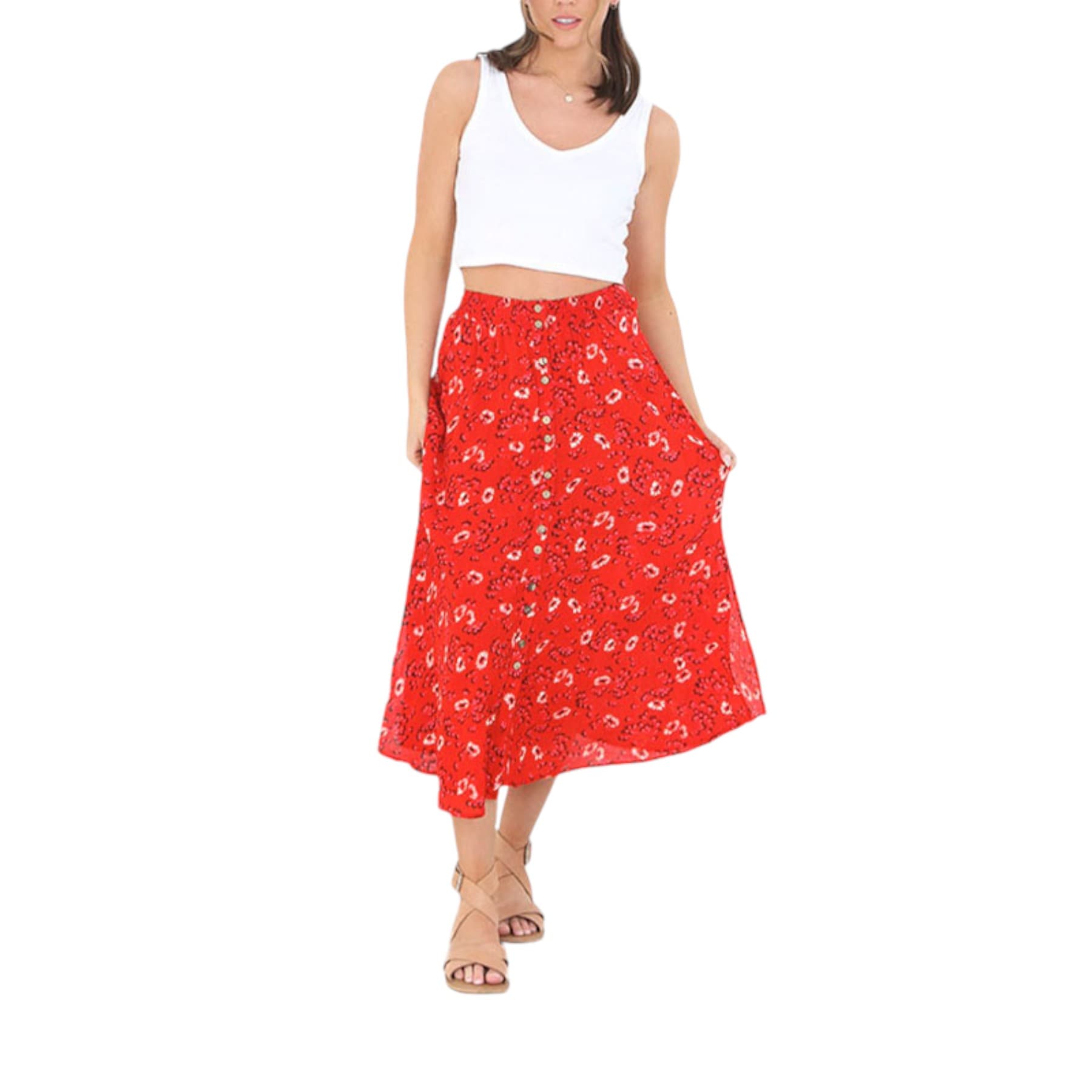 Brave Soul Zoe red viscose midi skirt with floral print, front view