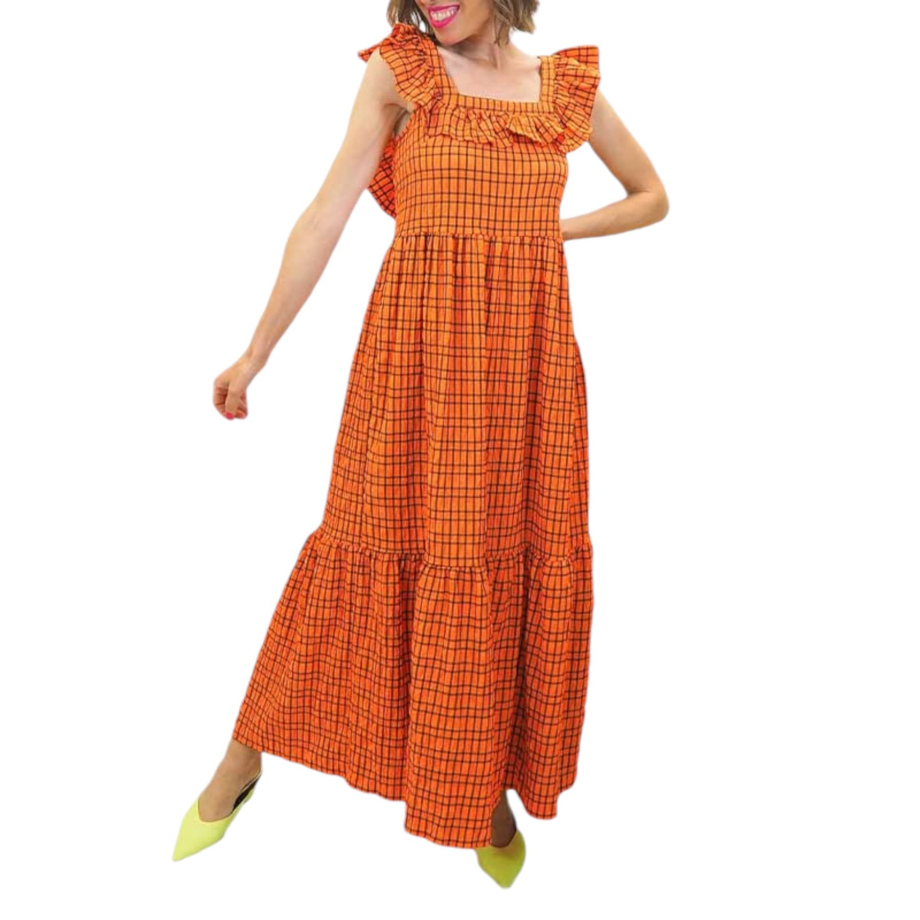 Brave Soul Carla orange maxi dress front view with square neck and tiered hem