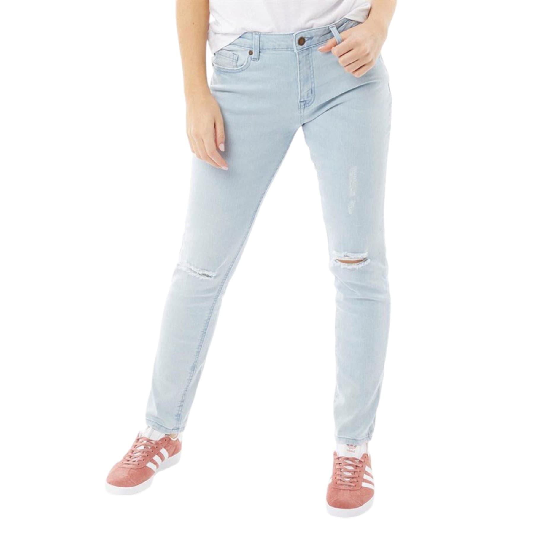 Brave Soul Serina women's high-waisted skinny denim jeans in light blue with distressed finish, front view