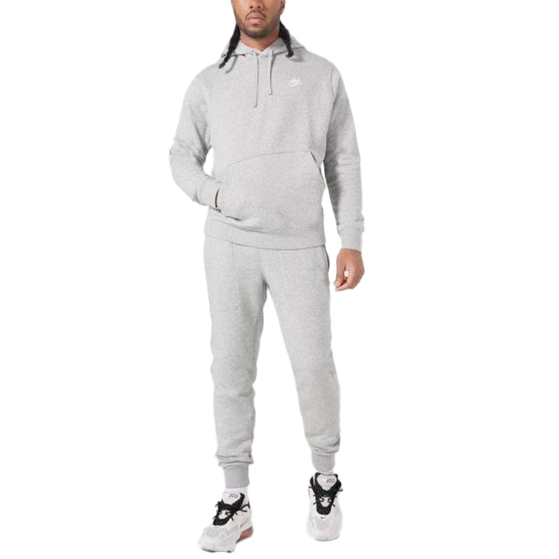 Nike Club men's full tracksuit front view, grey cotton blend with embroidered Swoosh