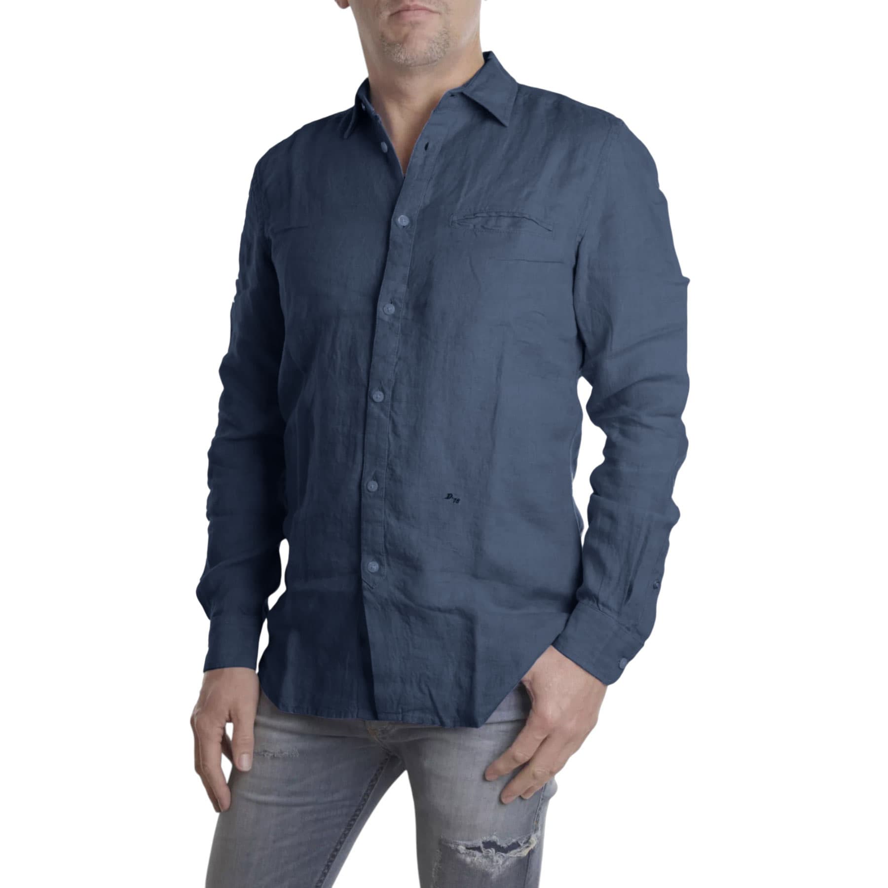 Diesel R-Saka navy linen long-sleeve shirt front view
