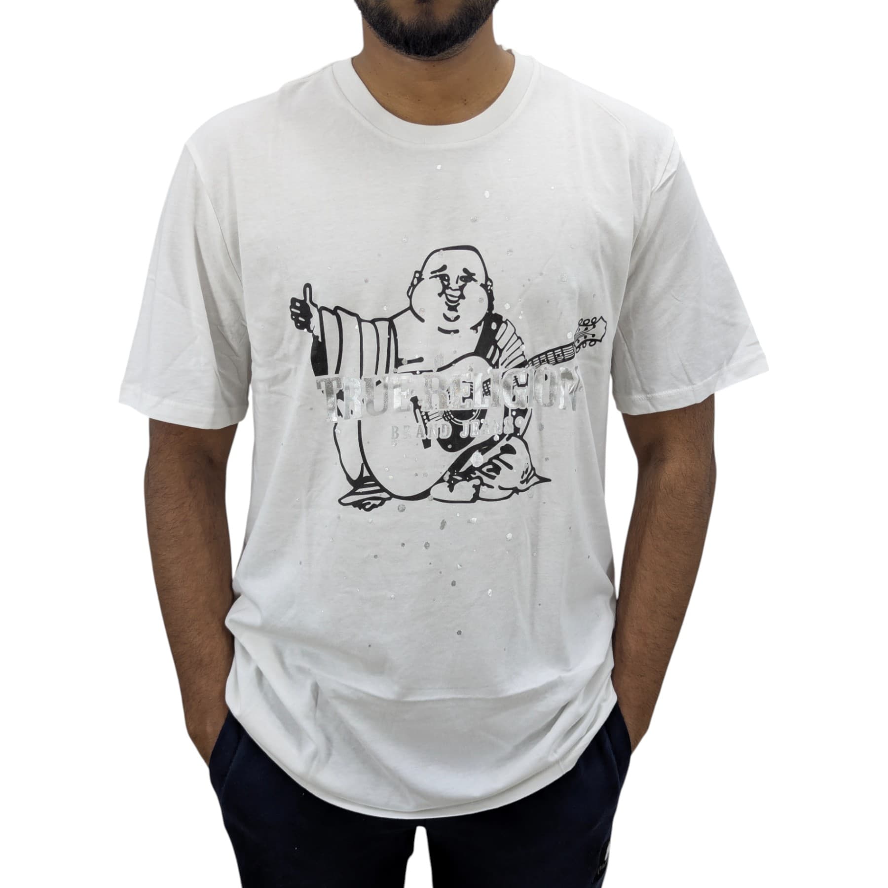 True Religion men's white cotton t-shirt with Buddha embroidery and silver branding, front view