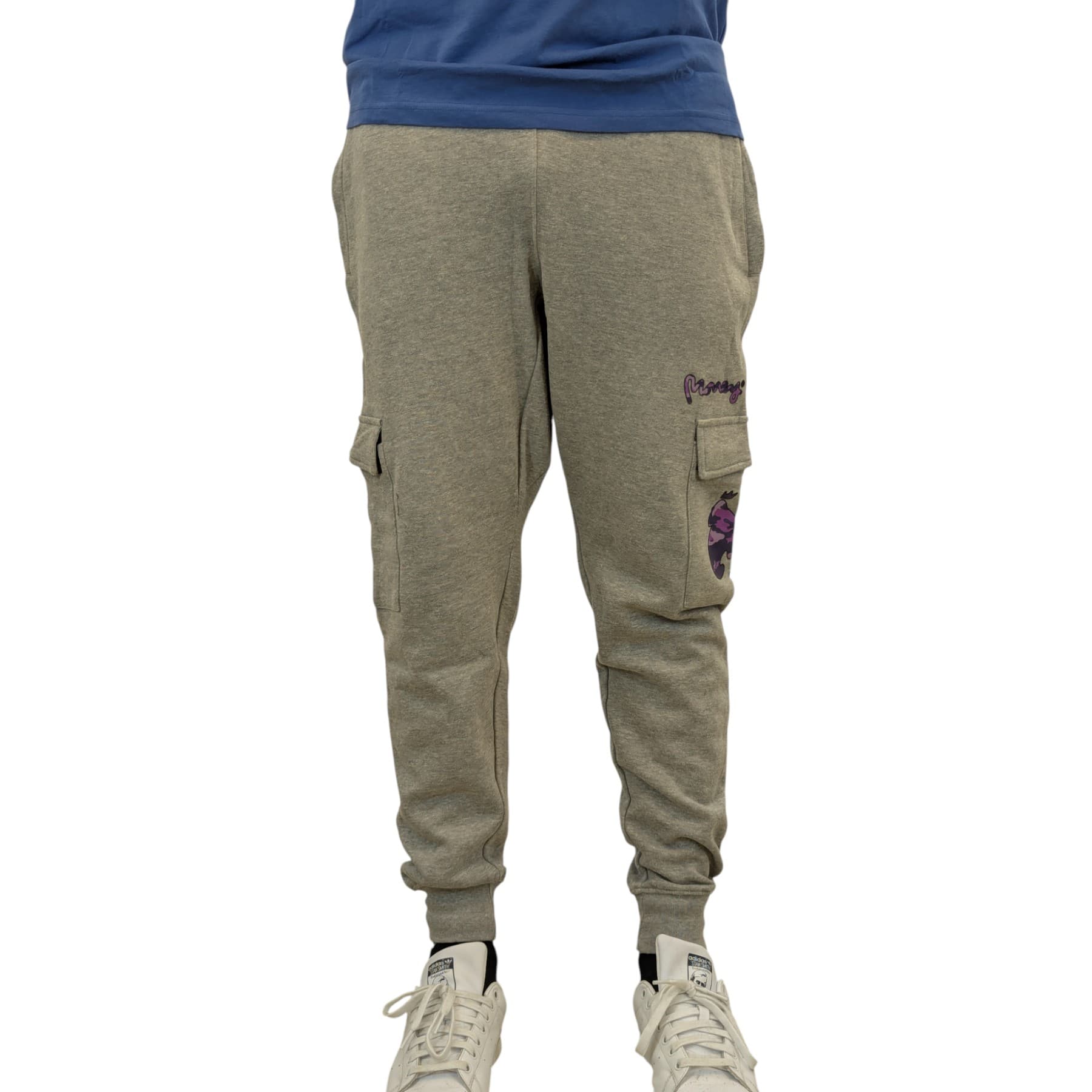 Money Clothing men's grey joggers front view with camouflage ape logo pocket