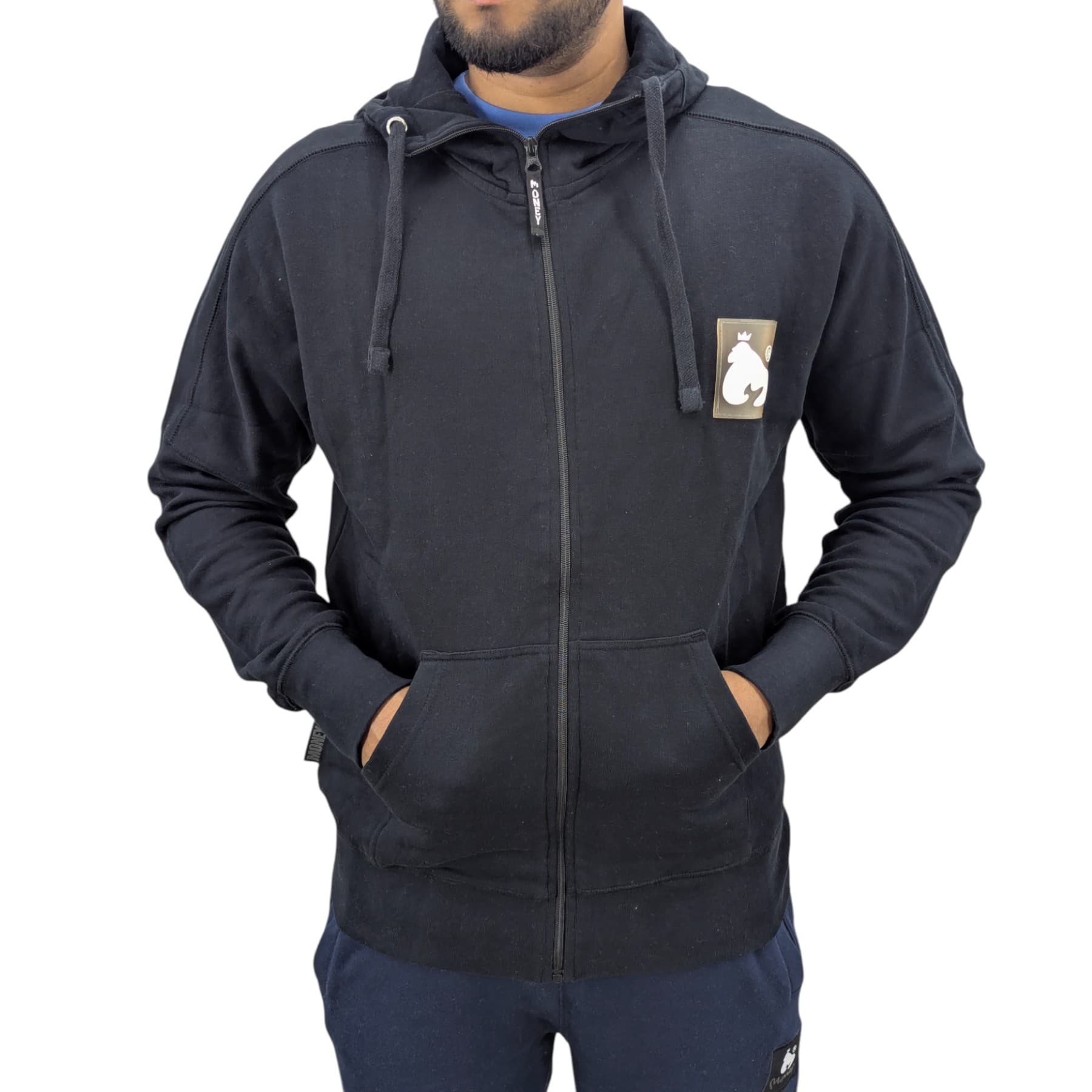 Money Clothing black cotton full zip hoodie with embroidered logo front view