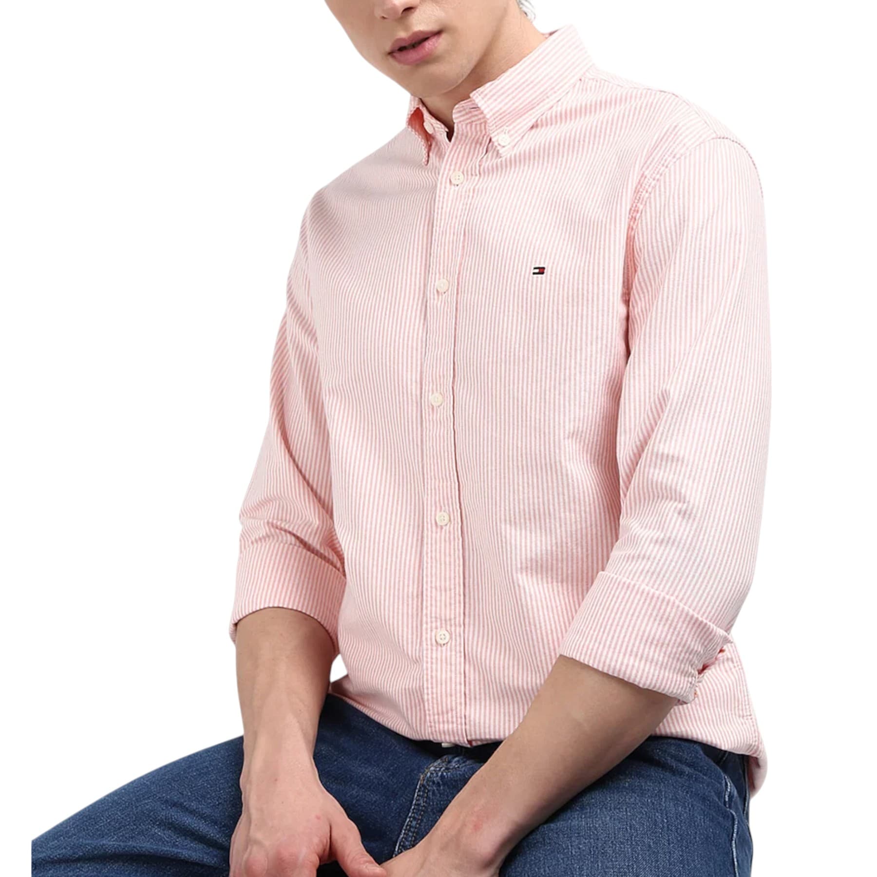 Tommy Hilfiger men's pink striped Oxford shirt front view