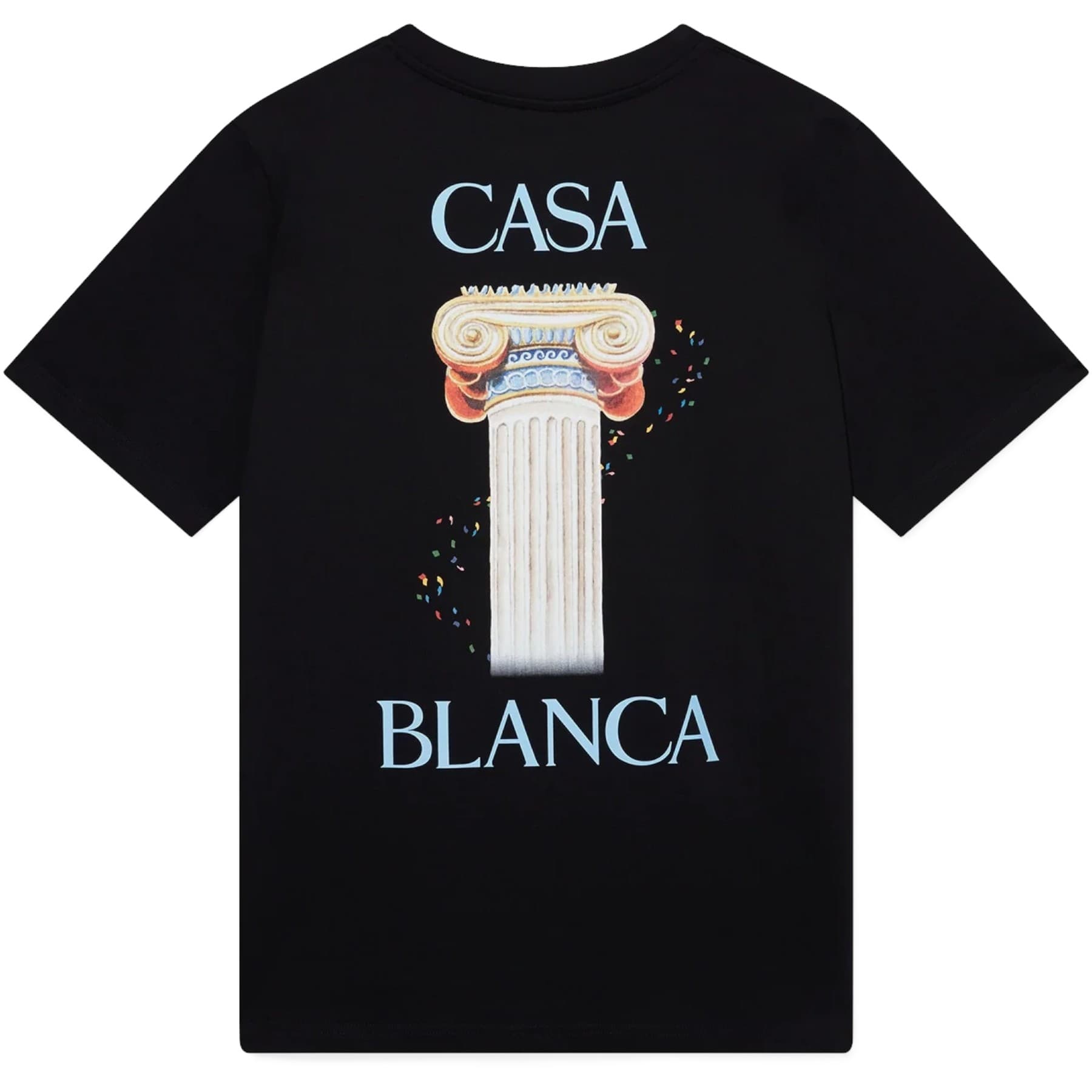 Casablanca LA COLOMNE men's black t-shirt with classical Greek-inspired artwork, front view